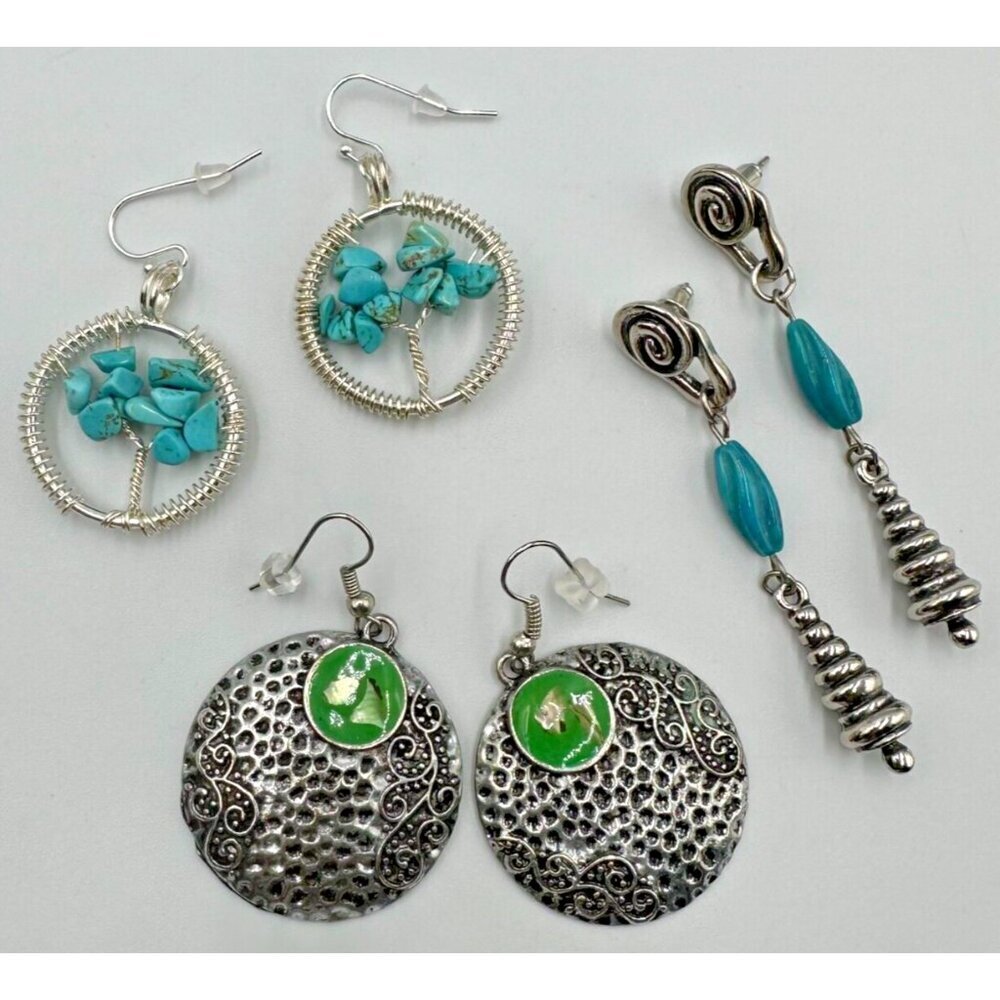 Faux Turquoise Earrings Lot Silver Tone Pierced Dangle Metal Beads 3 Pairs